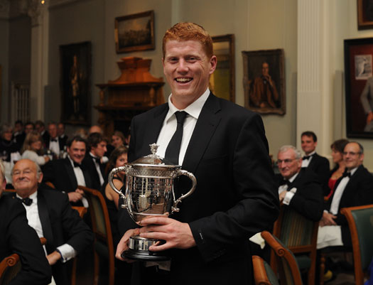 When Irish eyes are smiling: Gloucestershire’s Kevin O’Brien with the 2011 Walter Lawrence Trophy, won for his 44-ball hundred, at the presentation dinner in The Long Room at Lord’s.